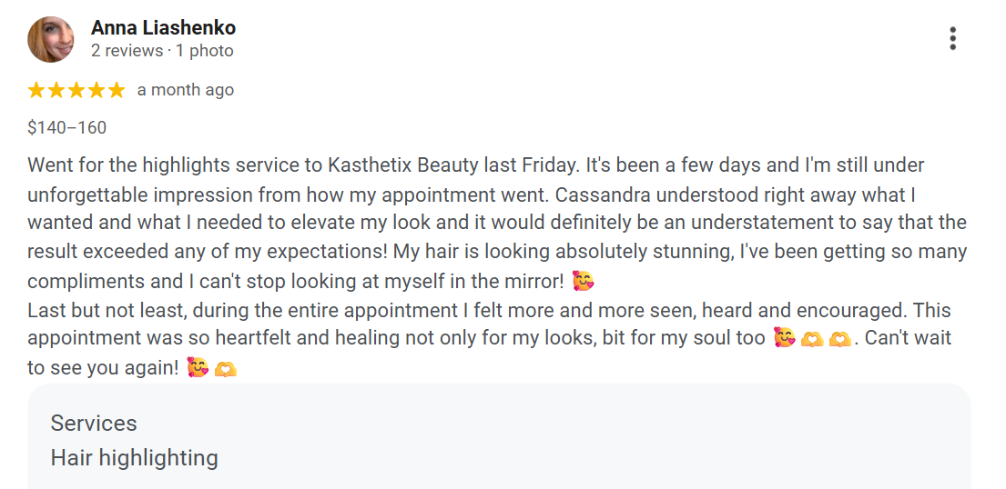 Client gives Kasthetix Beauty Salon a five star Google review, Midtown NYC