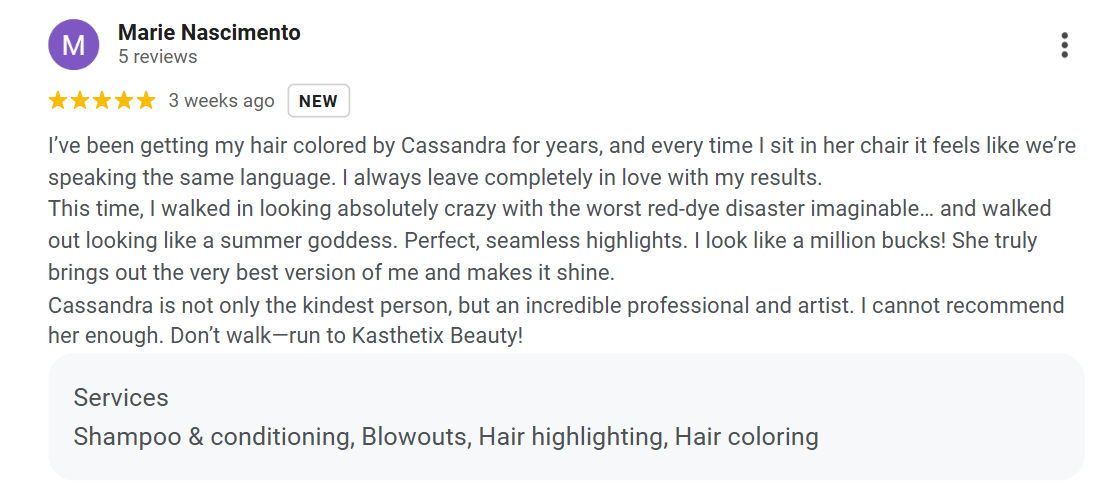 Client gives Kasthetix Beauty Salon a five star Google review, Midtown NYC